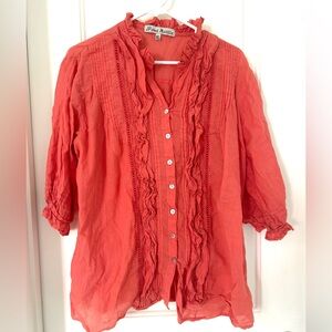 JP and Mattie Women's Coral Madeleine Ruffle and Lace Cotton Shirt in XL